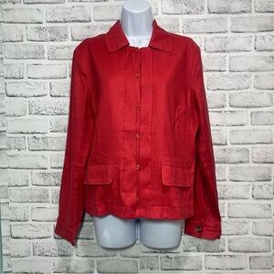 CAbi Valentine Linen Blend Double Placket Button Red Blazer Medium